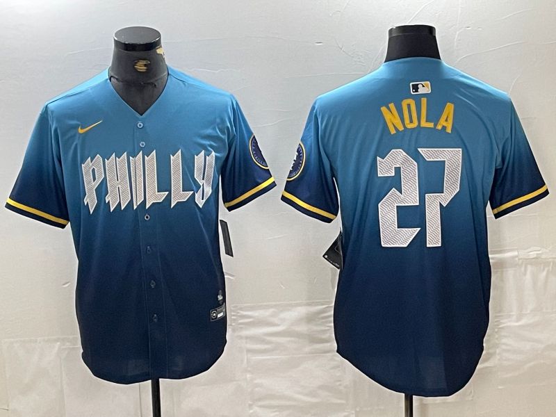 Men Philadelphia Phillies #27 Nola Blue City Edition Nike 2024 MLB Jersey style 3